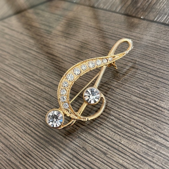 Vintage Treble Clef Rhinestone Pin, Gokd-tone - Picture 3 of 12